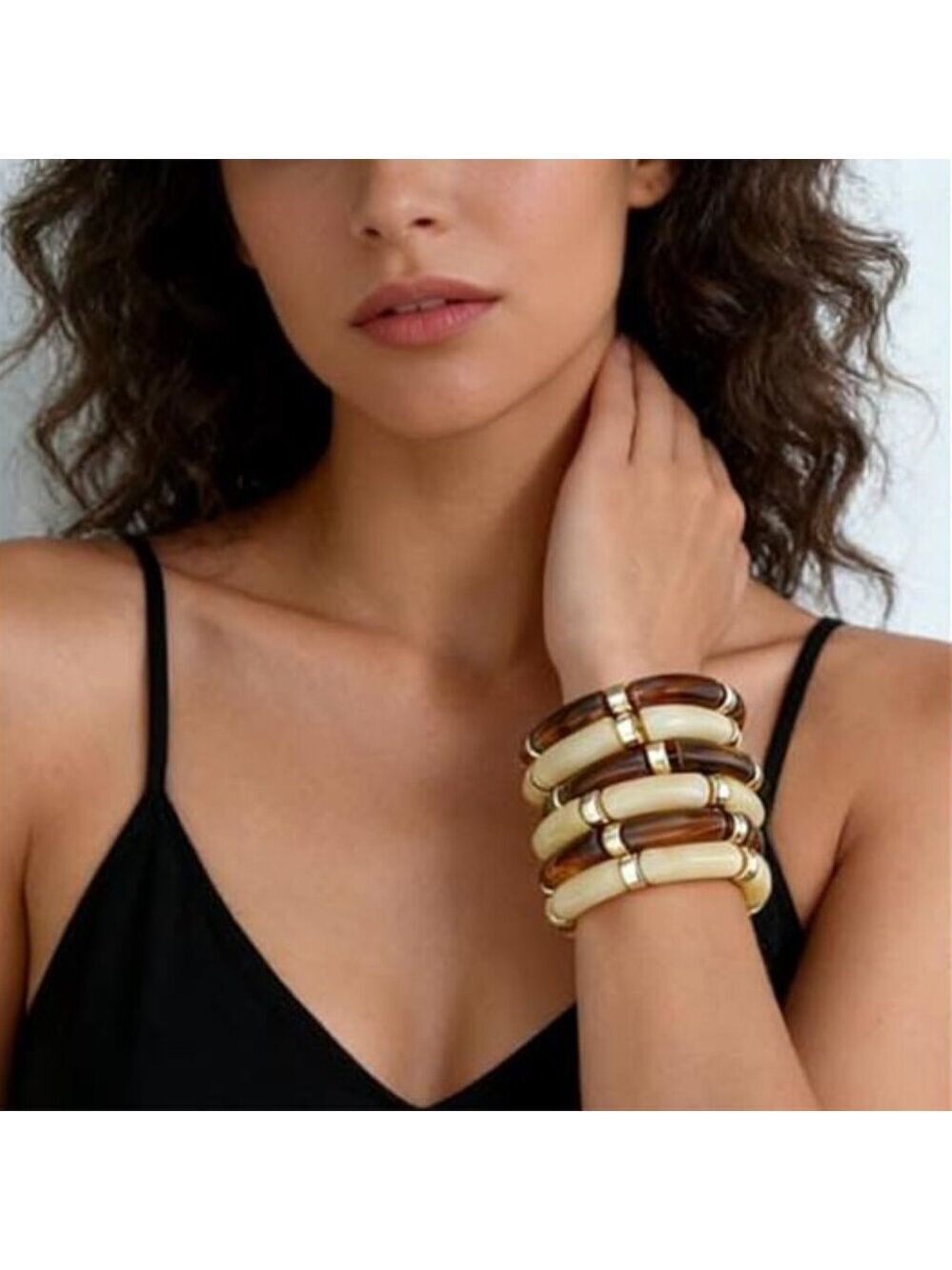 6pcs Chunky Acrylic Bangle Bracelets Resin Bamboo Brown and Pearl White Tone
